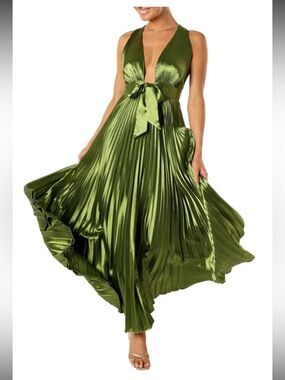 Petal & Pup Olive Green Pleated Satin Maxi Dress with Waist Tie